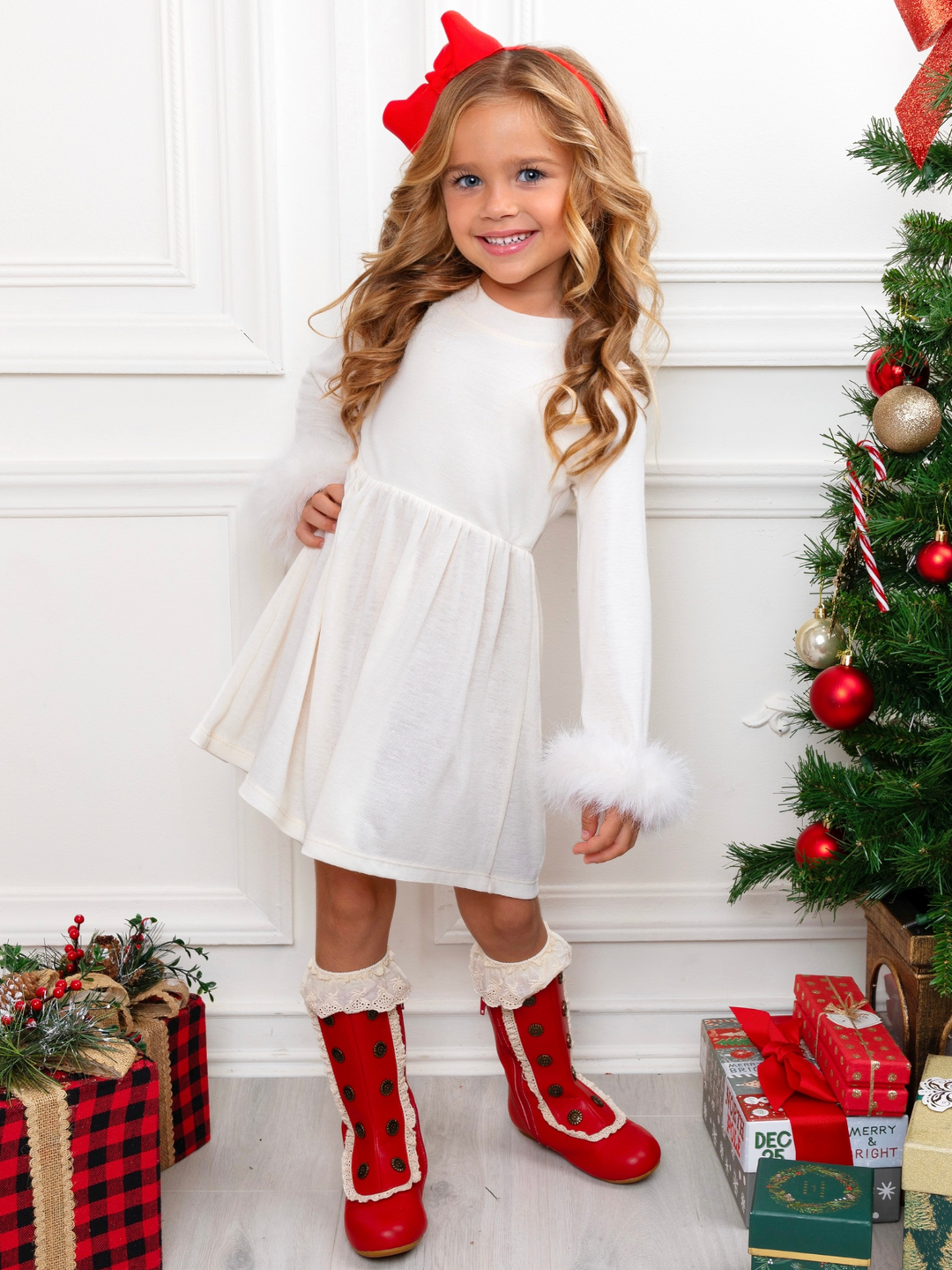 Winter Glam Cream Dress with Luxe Faux Fur Cuffs