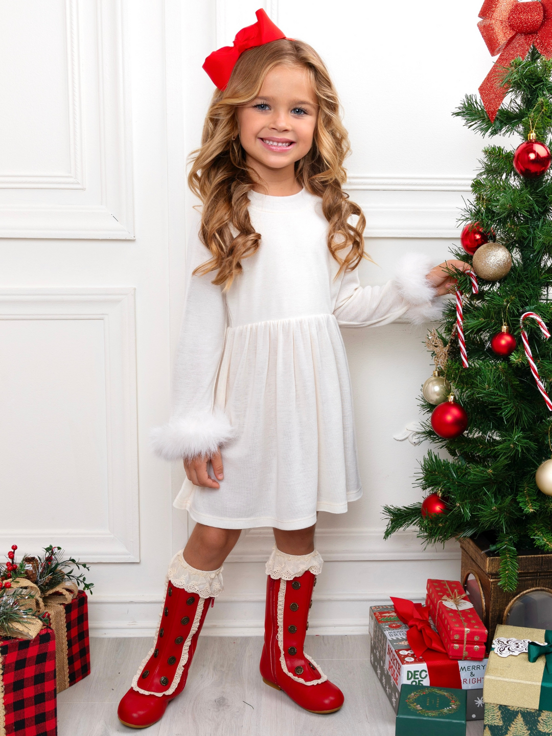 Winter Glam Cream Dress with Luxe Faux Fur Cuffs Mia Belle Girls Winter Glam Cream Dress with Luxe Faux Fur Cuffs Mia Belle Girls