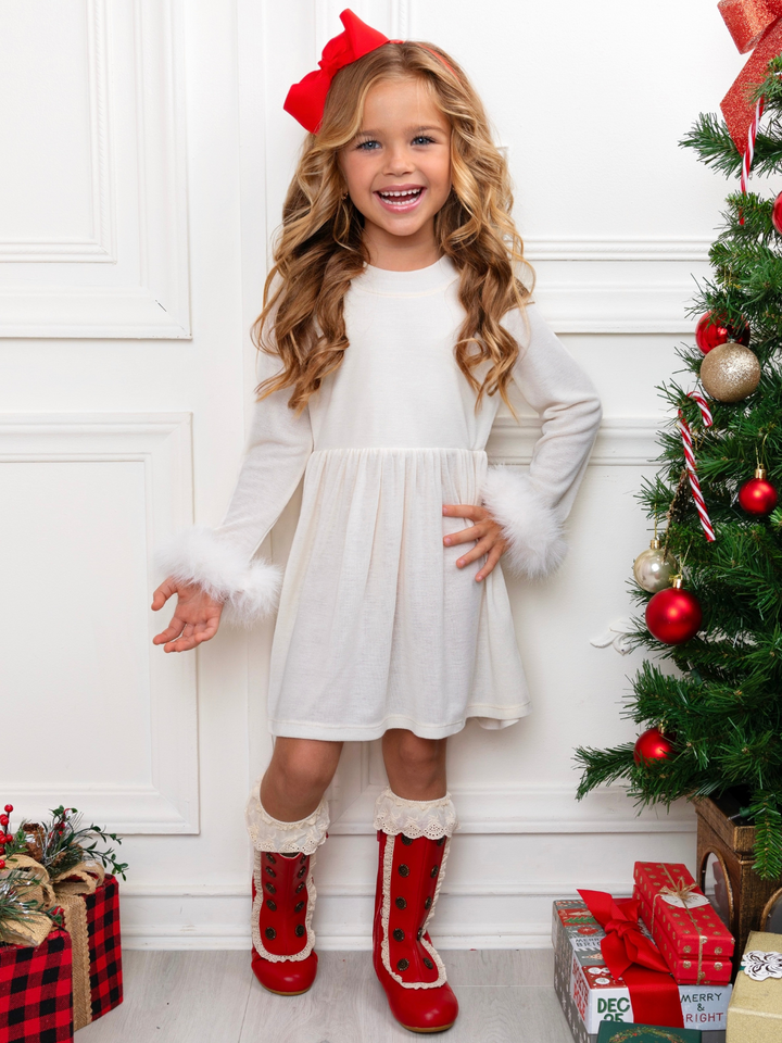 Winter Glam Cream Dress with Luxe Faux Fur Cuffs