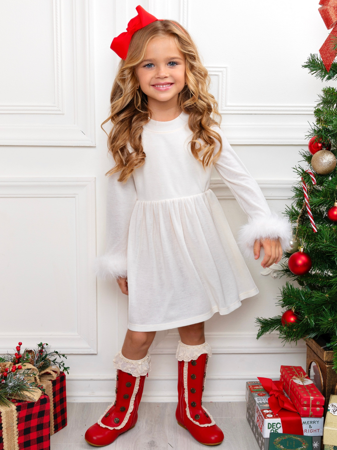 Winter Glam Cream Dress with Luxe Faux Fur Cuffs – Mia Belle Girls Winter Glam Cream Dress with Luxe Faux Fur Cuffs – Mia Belle Girls