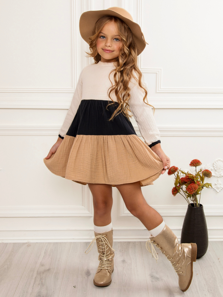 Neutral Colorblock Long Sleeve Tiered Premium Dress