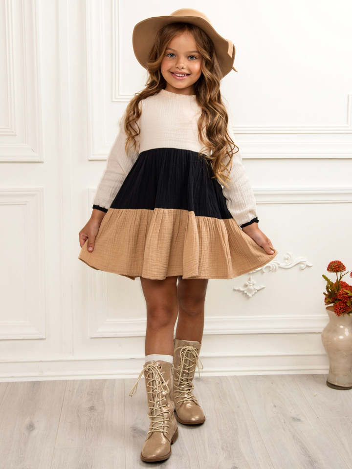 Neutral Colorblock Long Sleeve Tiered Premium Dress