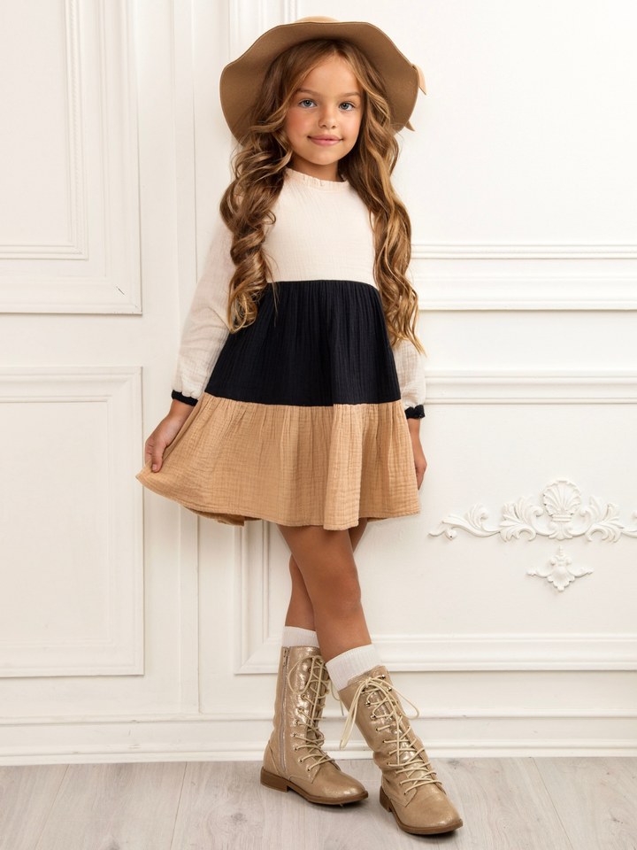 Neutral Colorblock Long Sleeve Tiered Premium Dress