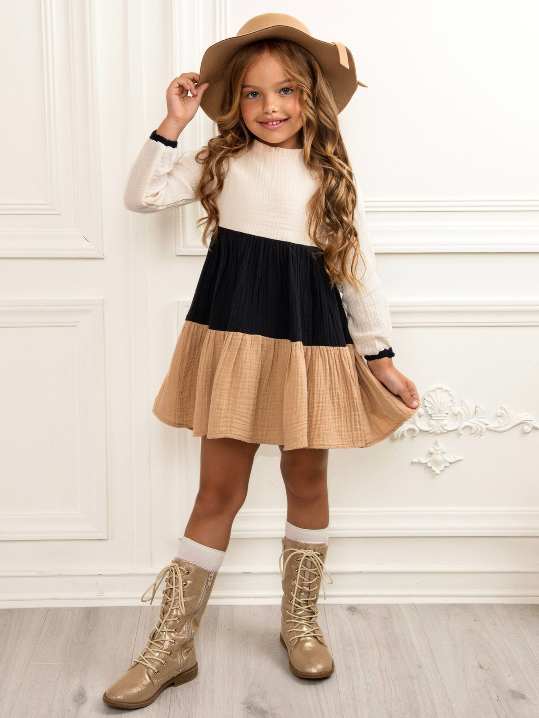 Neutral Colorblock Long Sleeve Tiered Premium Dress