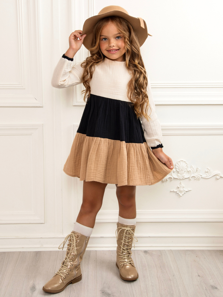 Neutral Colorblock Long Sleeve Tiered Premium Dress