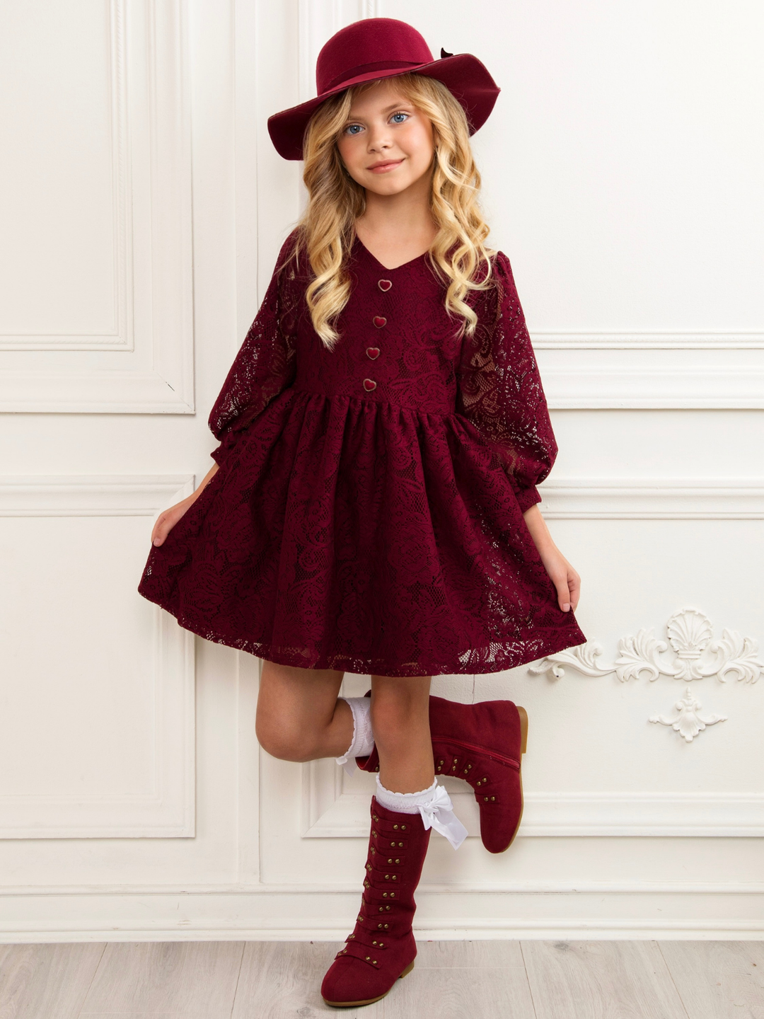 Cranberry Lace Puff Sleeve Dress
