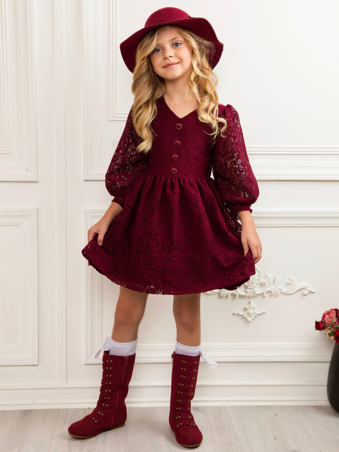 Cranberry Lace Puff Sleeve Dress