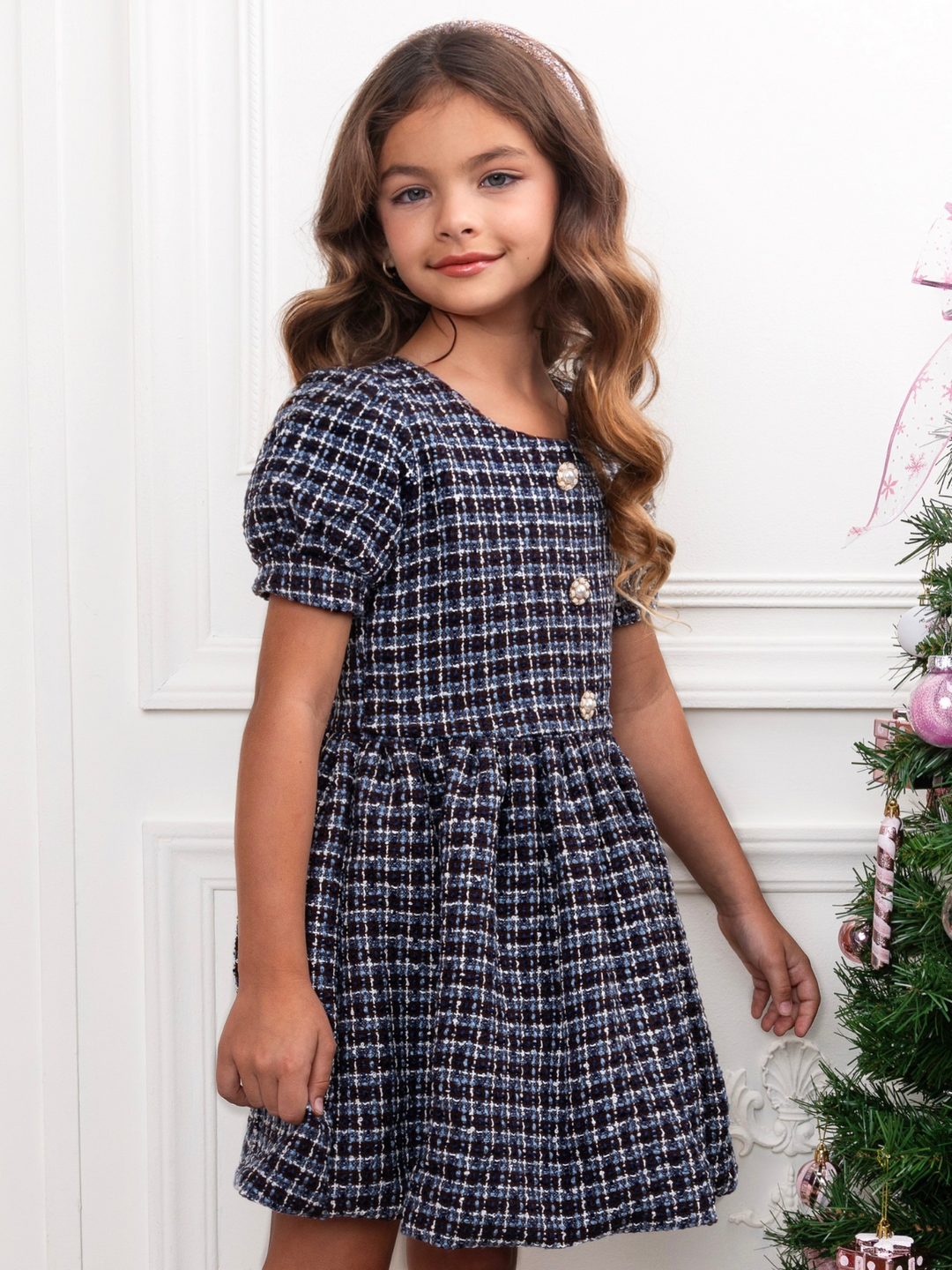 Pretty in Plaid Puff Sleeve Tweed Dress