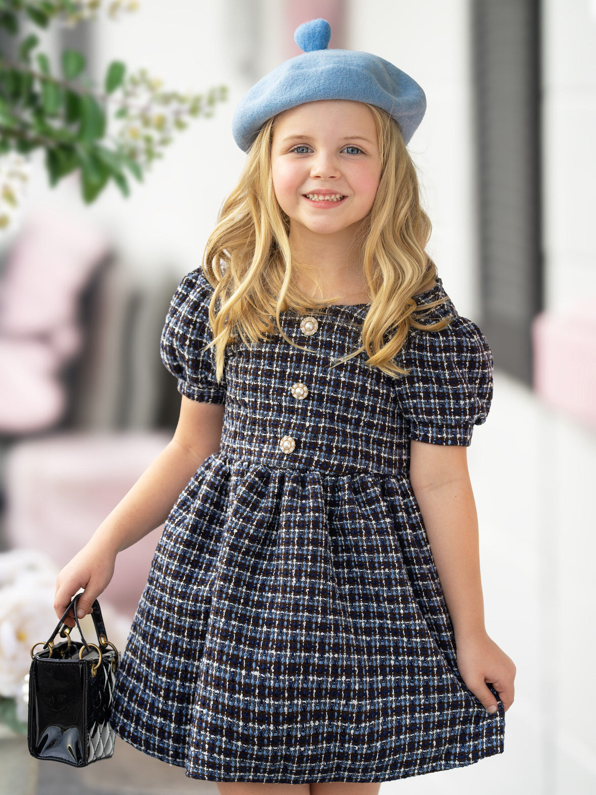 Pretty in Plaid Puff Sleeve Tweed Dress – Mia Belle Girls
