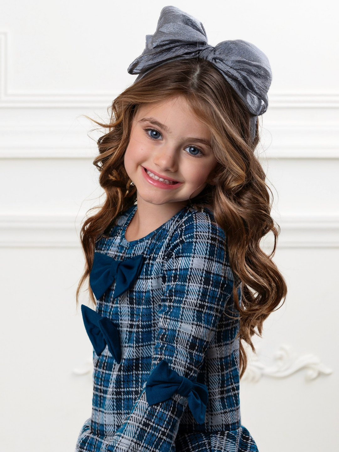 Bows & Blues Plaid Bell Sleeve Dress