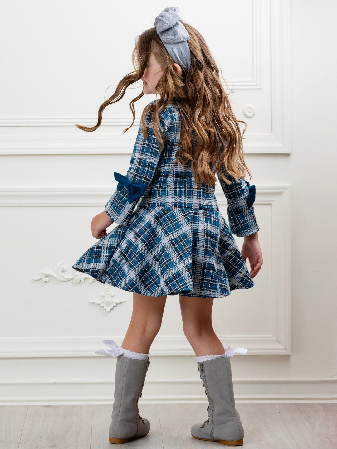 Bows & Blues Plaid Bell Sleeve Dress
