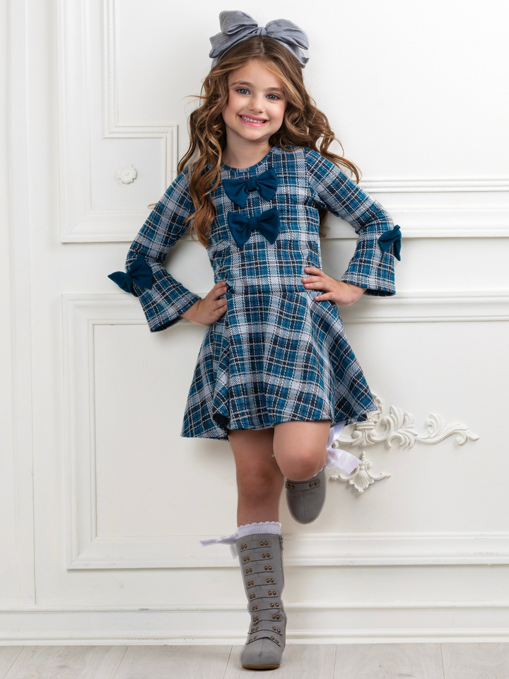 Bows & Blues Plaid Bell Sleeve Dress