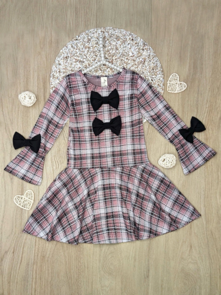 Blush Charm Bow Plaid Bell Sleeve Dress