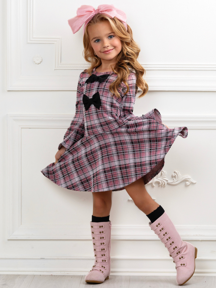 Blush Charm Bow Plaid Bell Sleeve Dress