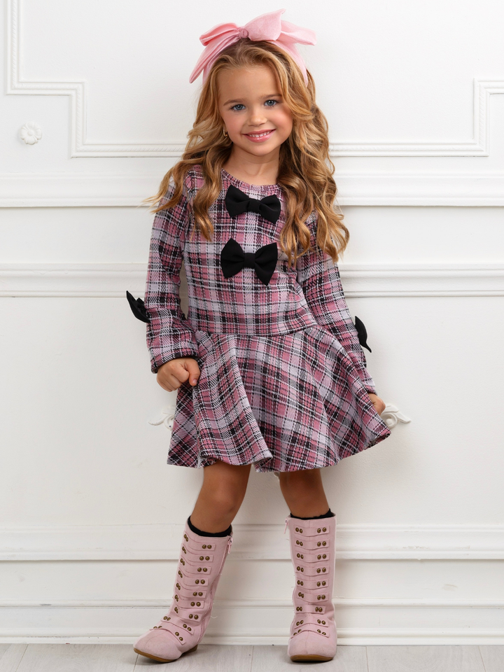 Blush Charm Bow Plaid Bell Sleeve Dress