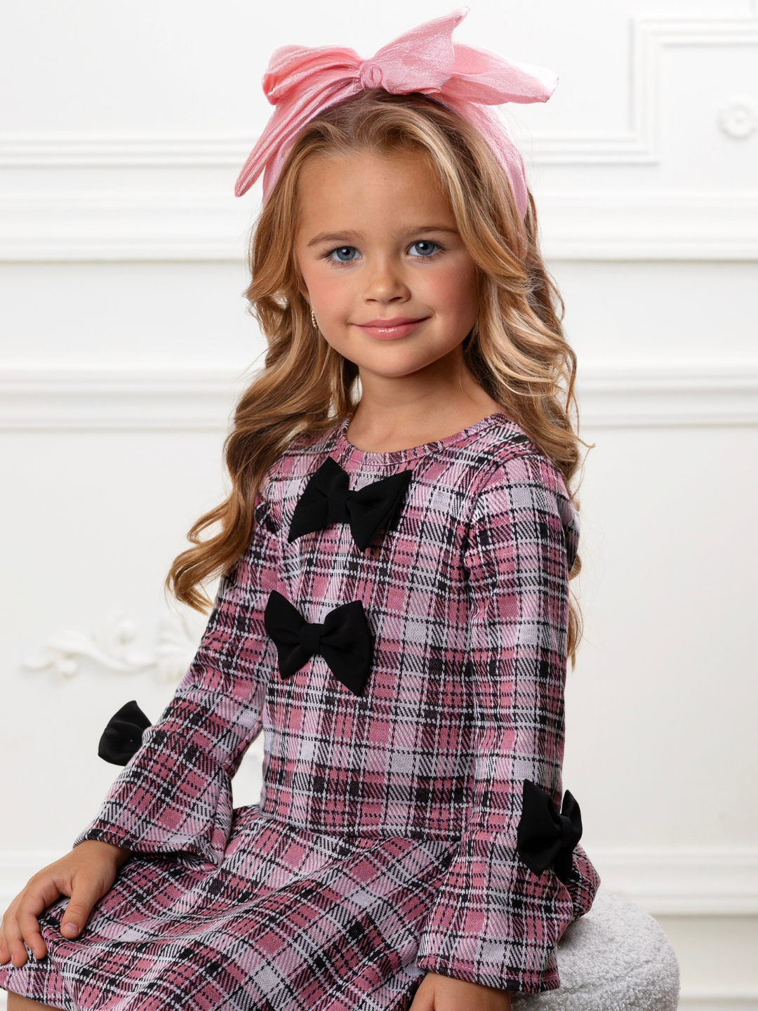 Blush Charm Bow Plaid Bell Sleeve Dress
