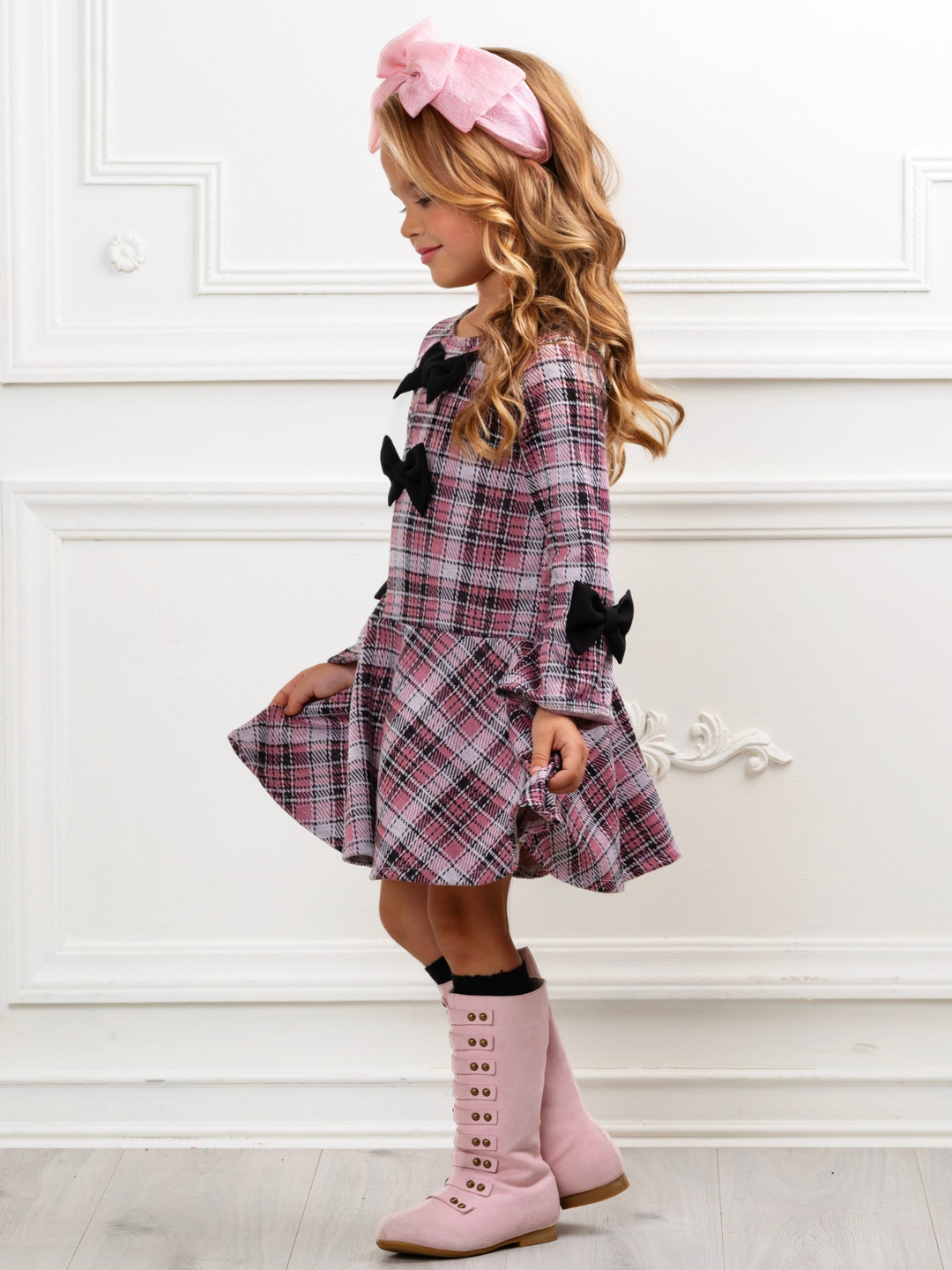 Blush Charm Bow Plaid Bell Sleeve Dress