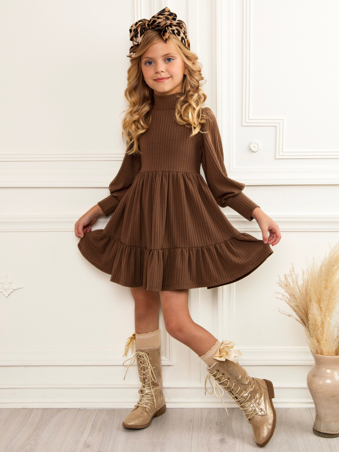 Brown Ribbed Long Sleeve Ruffle Dress