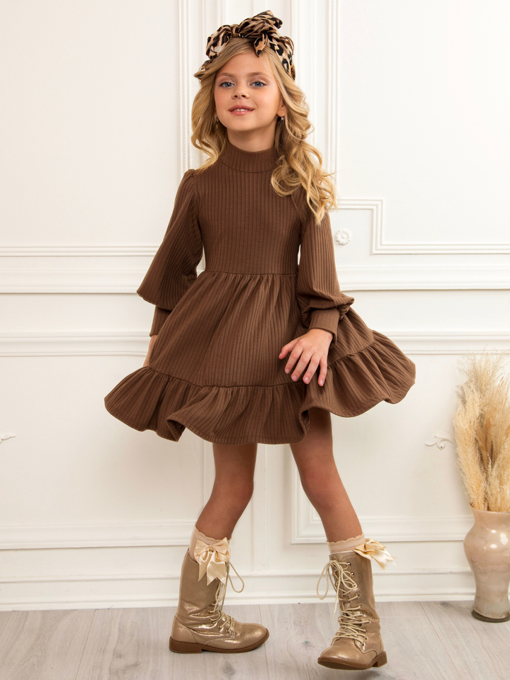 Brown Ribbed Long Sleeve Ruffle Dress