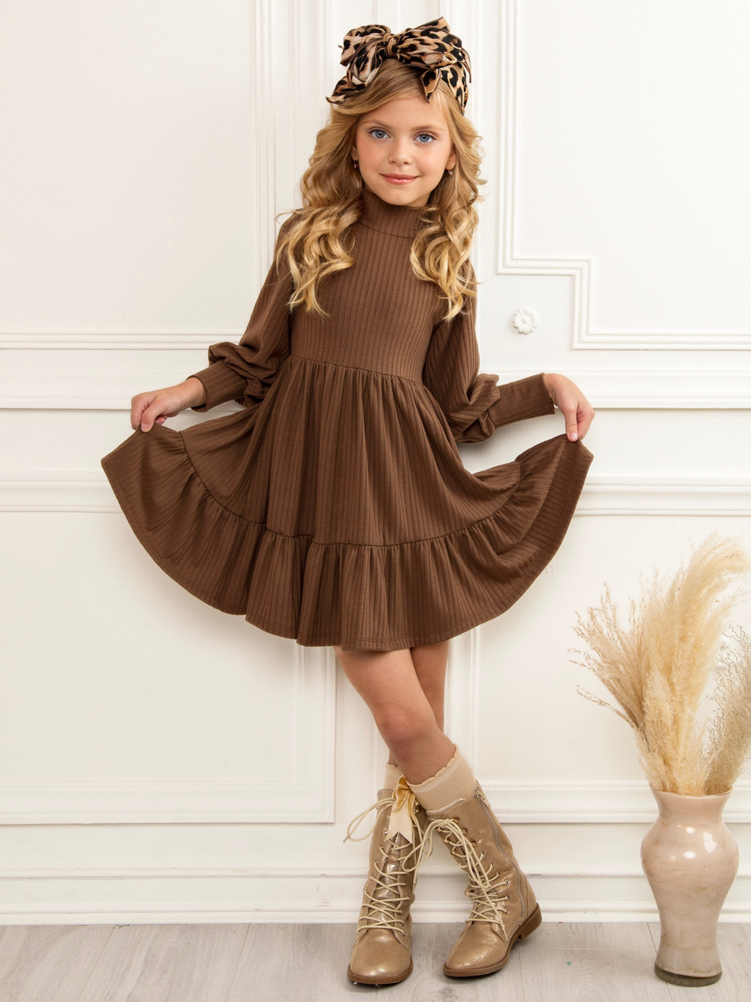 Brown Ribbed Long Sleeve Ruffle Dress