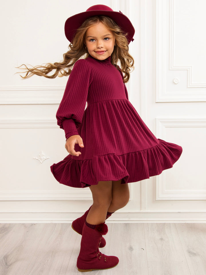 Snuggle & Twirl Burgundy Ribbed Turtleneck Ruffle Dress