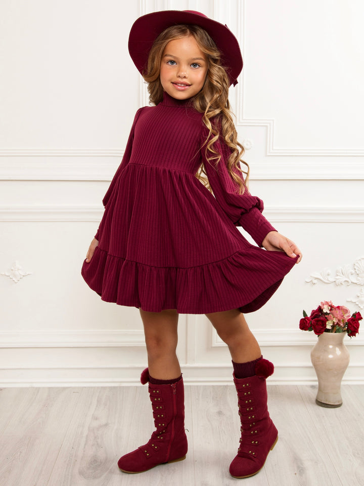 Snuggle & Twirl Burgundy Ribbed Turtleneck Ruffle Dress