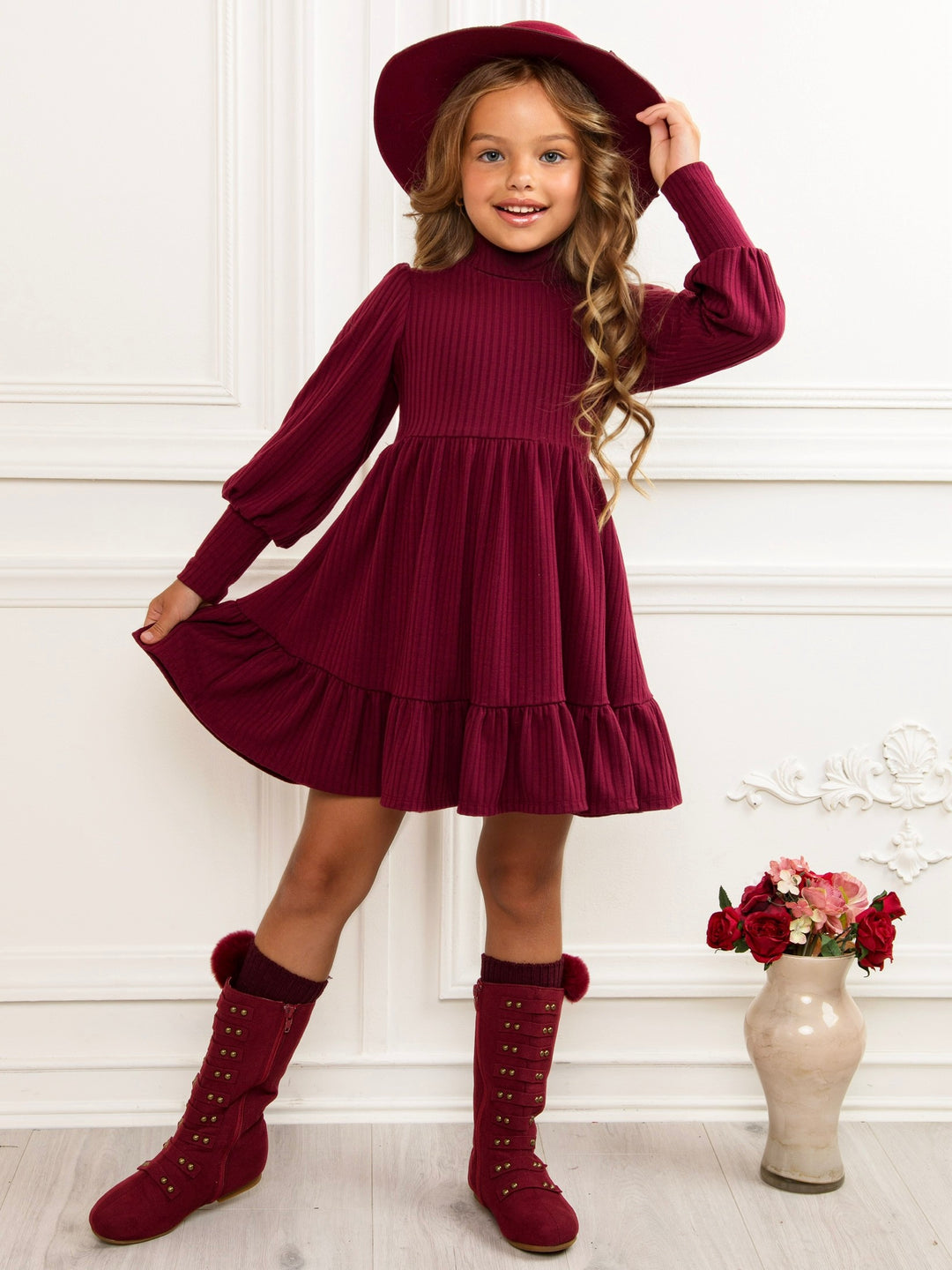 Snuggle & Twirl Burgundy Ribbed Turtleneck Ruffle Dress