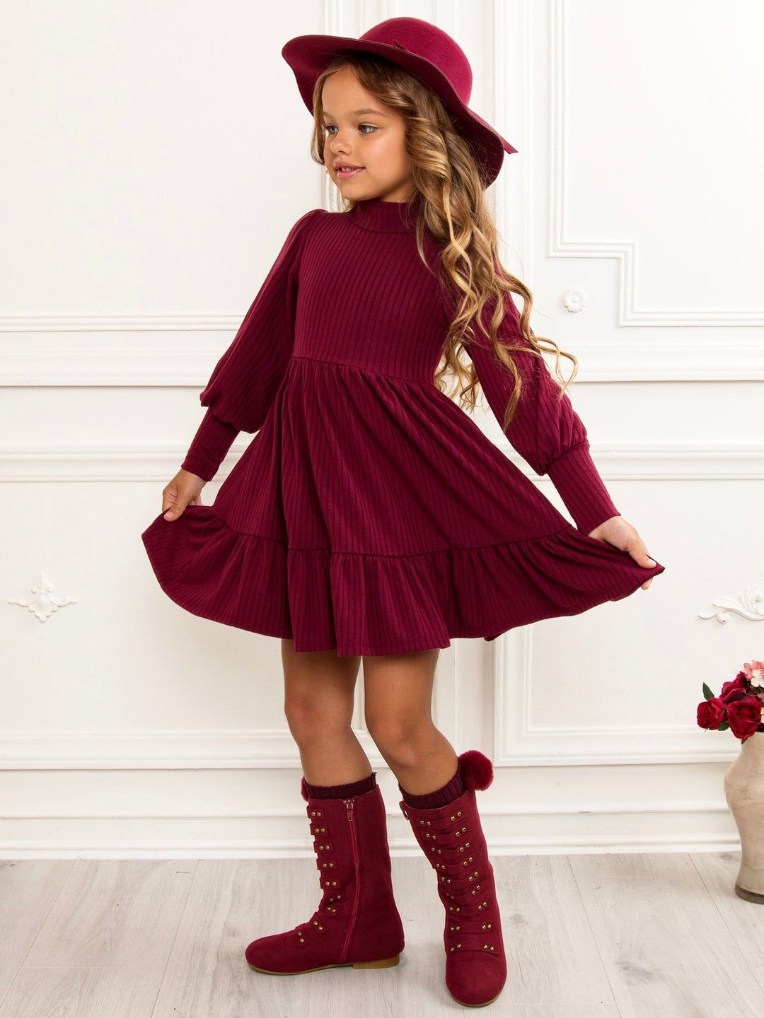 Snuggle & Twirl Burgundy Ribbed Turtleneck Ruffle Dress