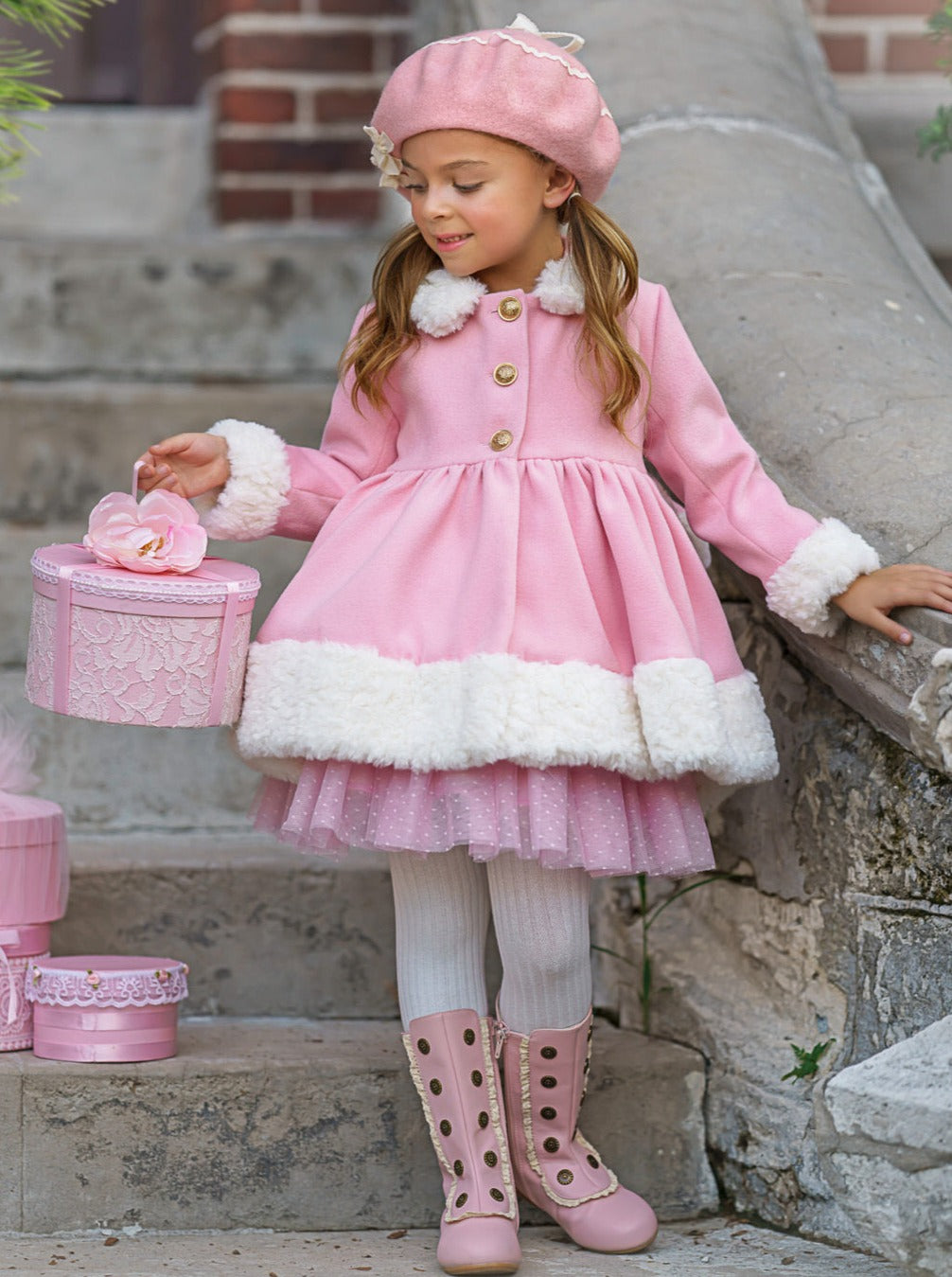 Mia Belle Girls Pink Faux Fur Duchess Coat | Girls Winter Jackets