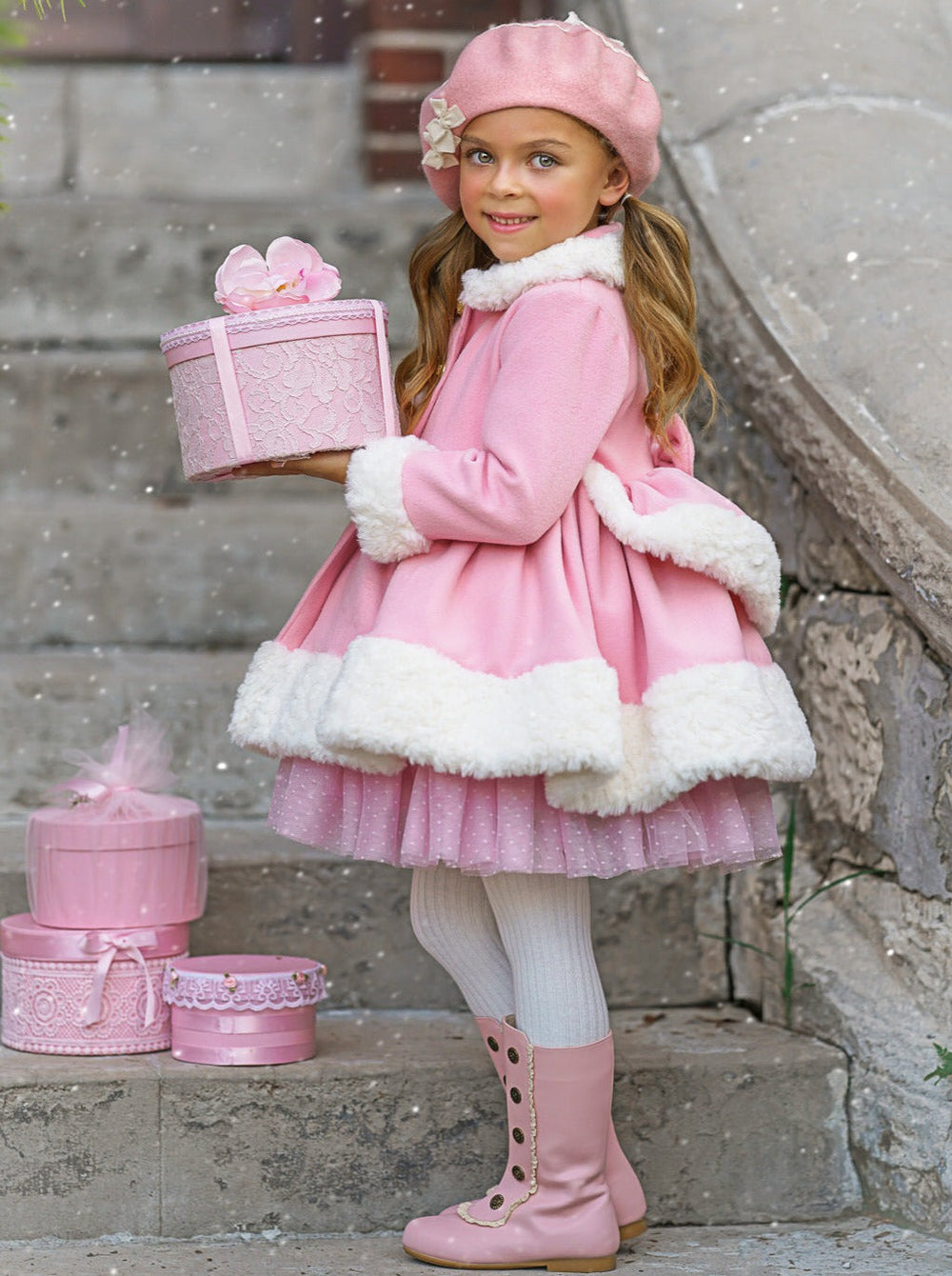 Mia Belle Girls Pink Faux Fur Duchess Coat | Girls Winter Jackets