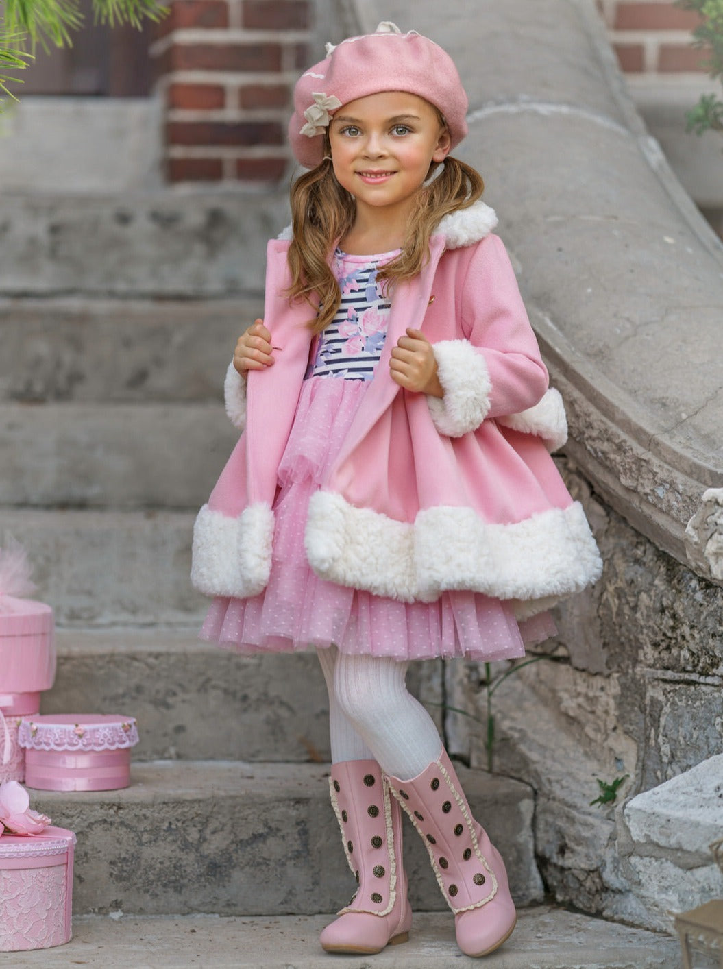 Mia Belle Girls Pink Faux Fur Duchess Coat | Girls Winter Jackets