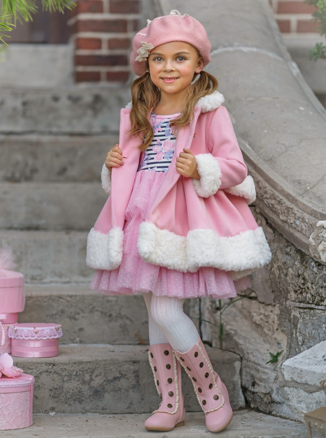 Mia Belle Girls Pink Faux Fur Duchess Coat | Girls Winter Jackets