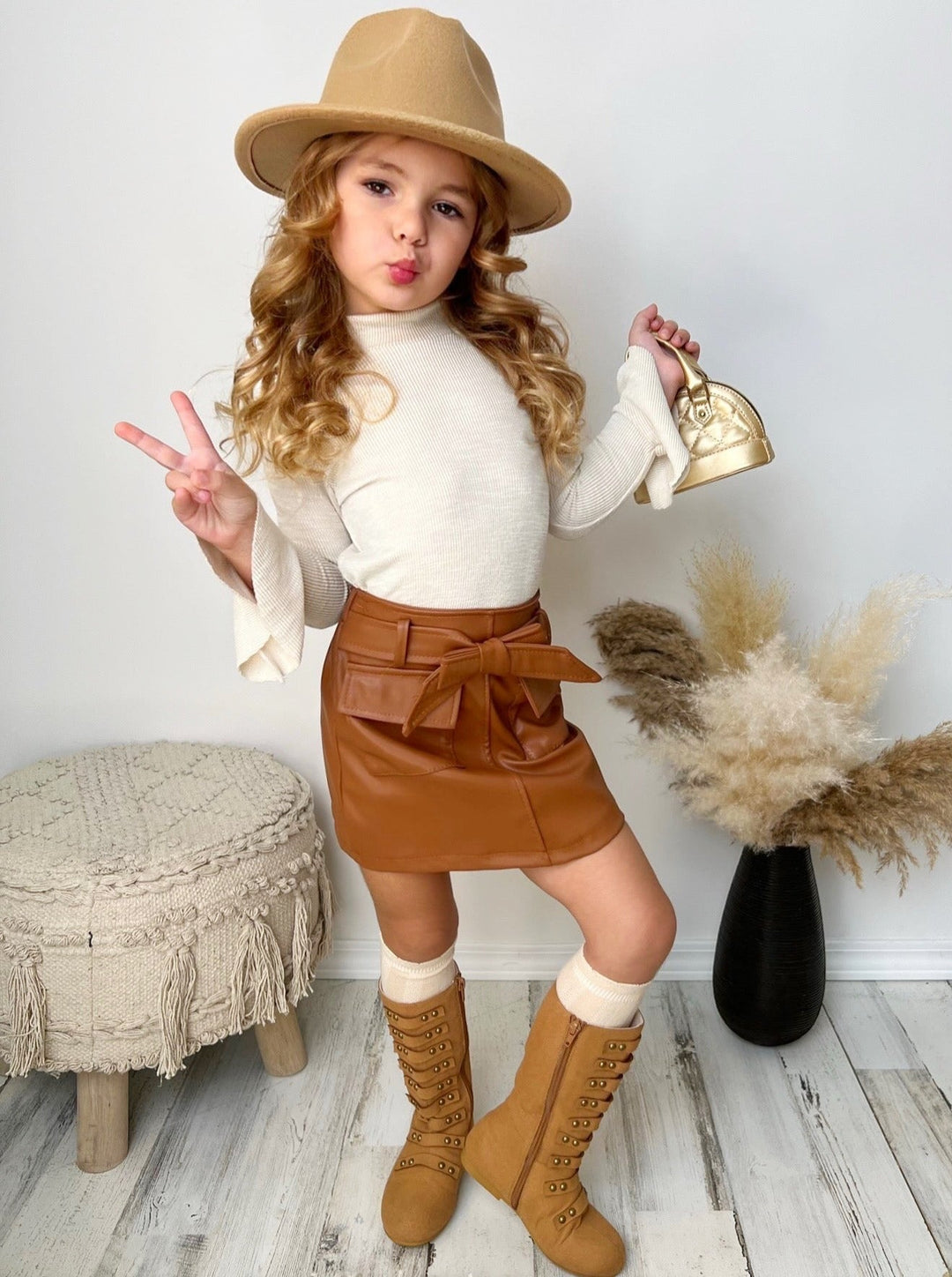 Vegan Leather Belted Skirt Mia Belle Girls - Main Image
