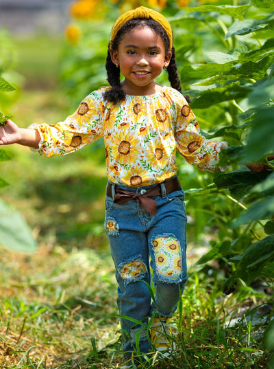 Toddler Fall Outfits | Girls Sunflower Blouse & Patched Jeans Set 