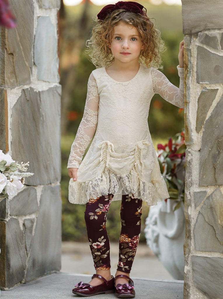 Mud Pie Girls' Floral Lace Leggings - Pink Ruffle Hem Tights For Under Dresses