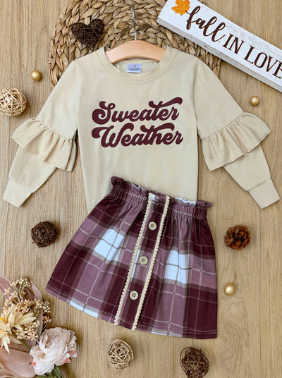 Sweater Weather Time Plaid Skirt Casual Set