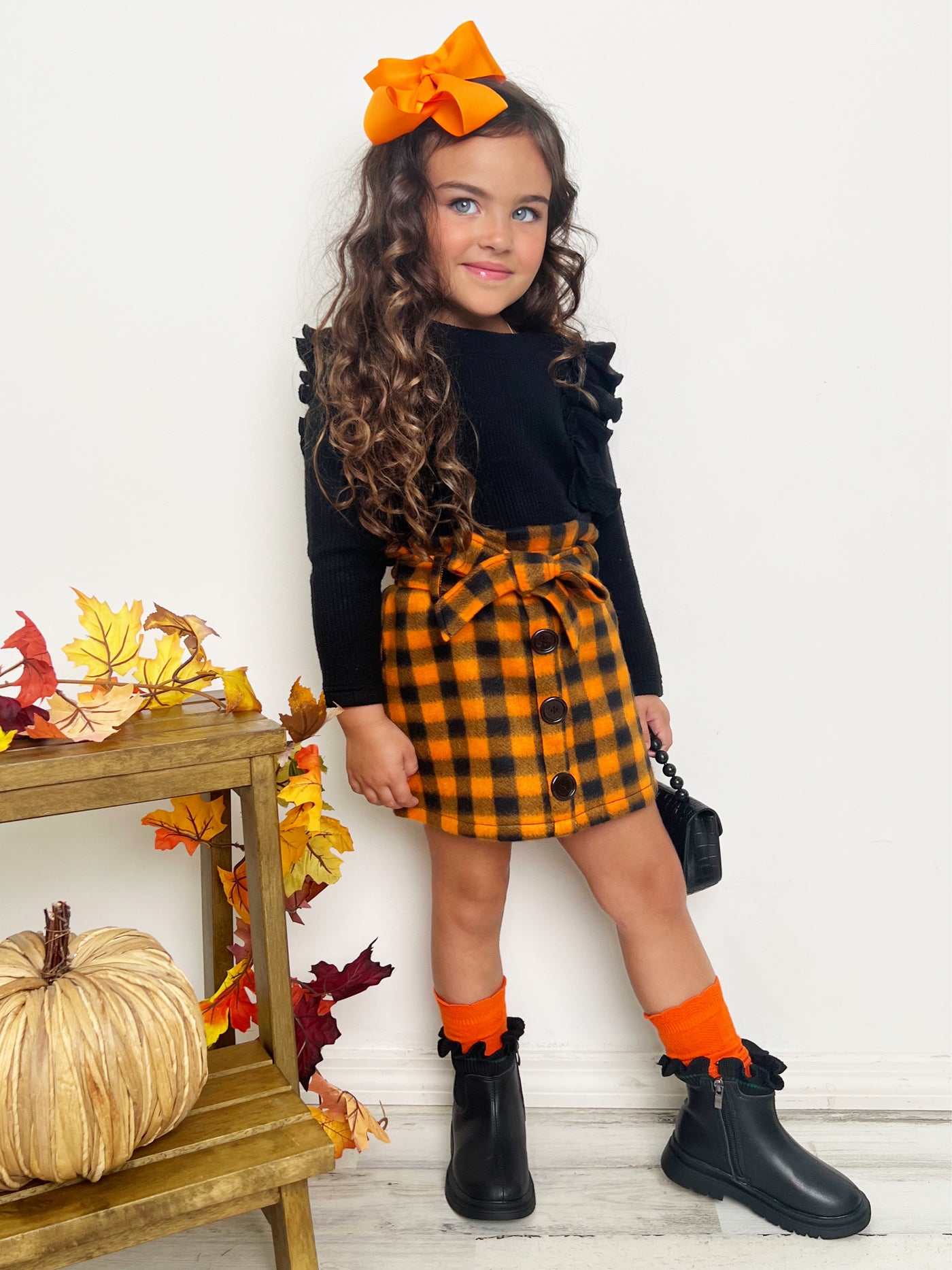 Mia Belle Girls Ruffled Top & Checkered Skirt Set | Girls Fall Outfits