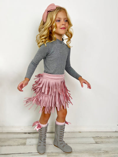 Mia Belle Girls Grey Top And Pink Fringe Suede Shorts Set