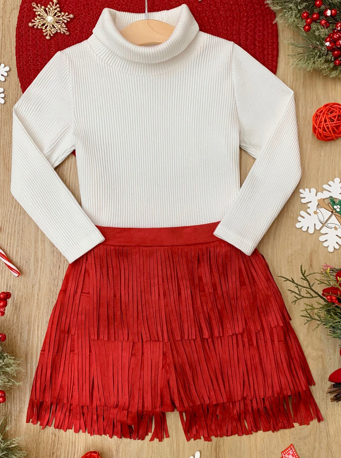 Mia Belle Girls Turtleneck & Fringe Skirt Set | Cute Winter Outfits