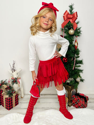 Mia Belle Girls Turtleneck & Fringe Skirt Set | Cute Winter Outfits