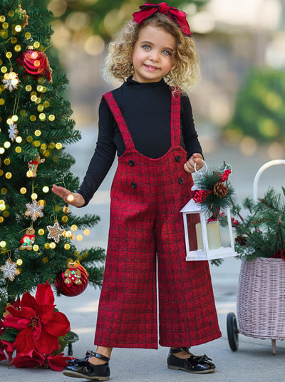 Mia Belle Girls Turtleneck Top & Flannel Overalls Set | Winter Outfits