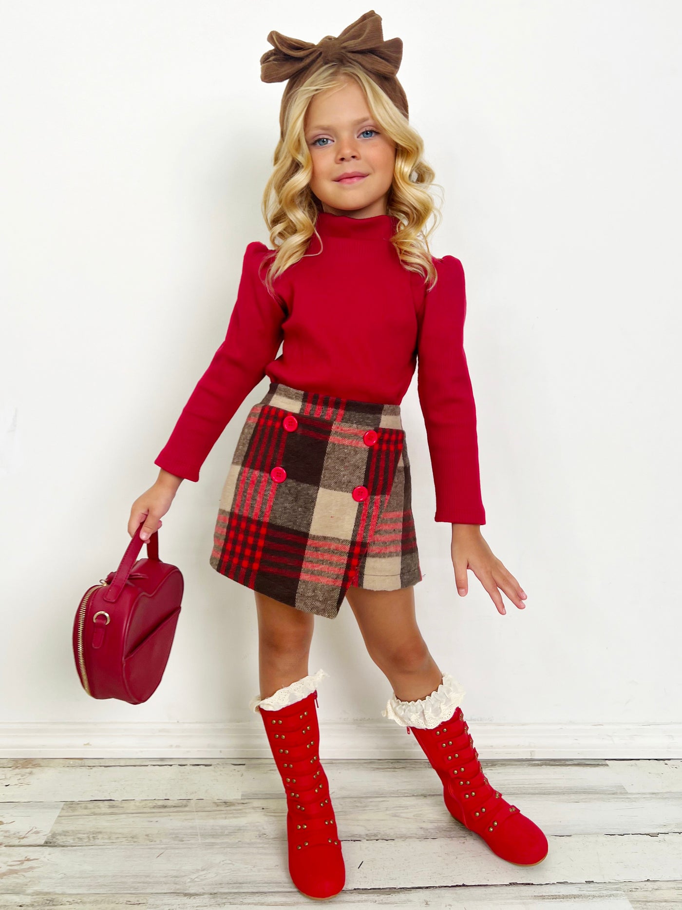 Picture Perfect Turtleneck Knit Sweater & Checkered Skort Set