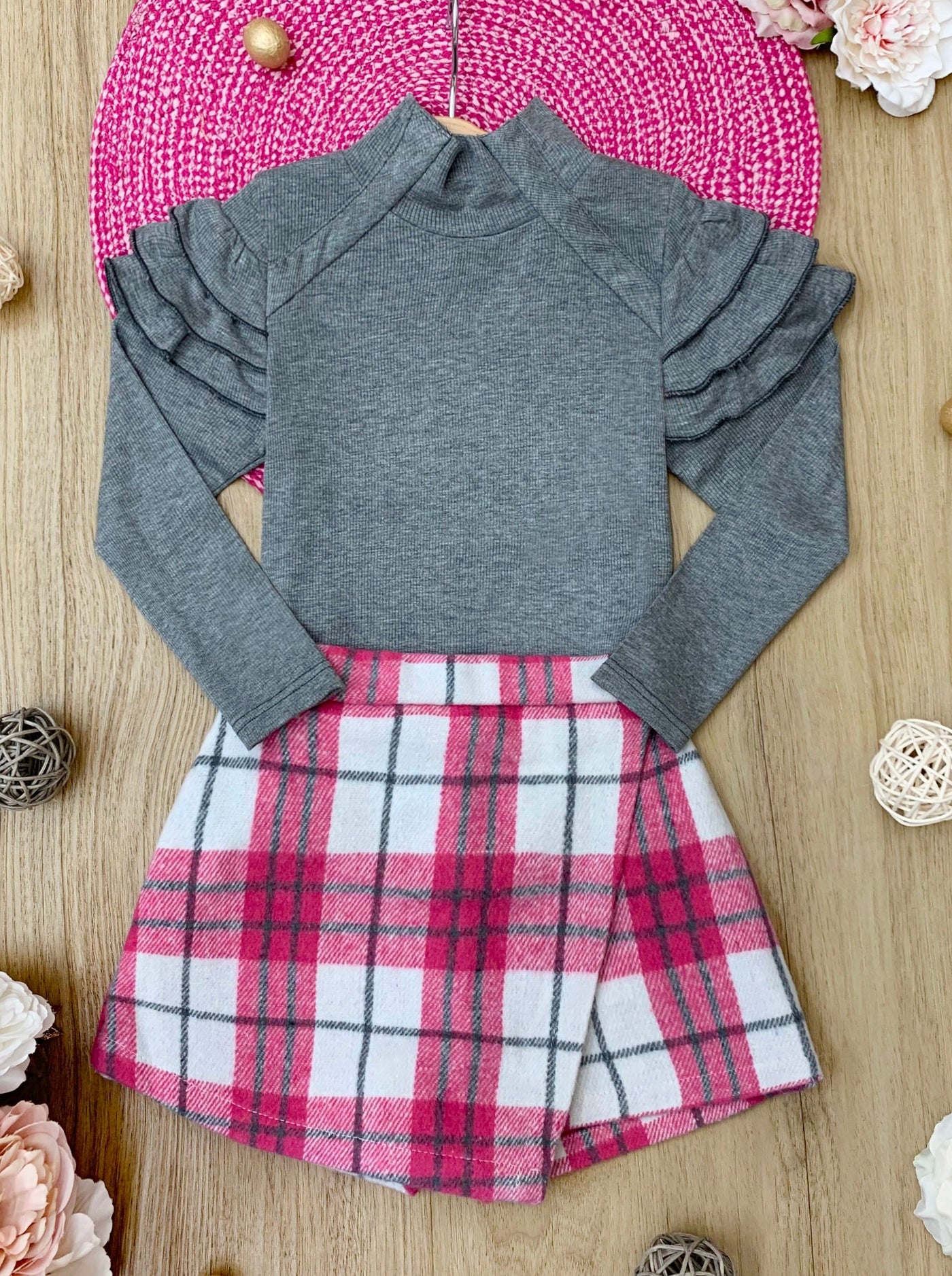 In Vogue Ruffle Sleeve Sweater & Checkered Skort Set