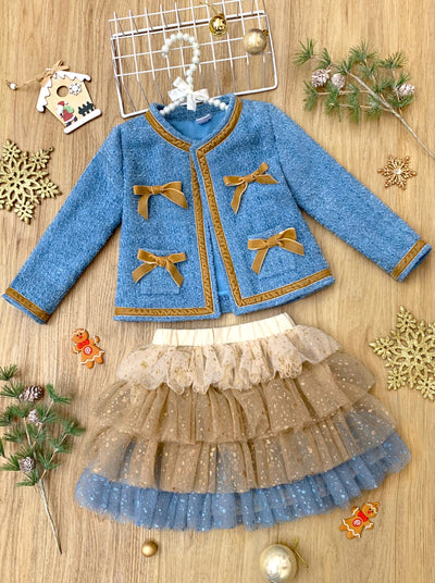 Mia Belle Girls Blue Tweed Jacket & Sequined Tulle Skirt Set