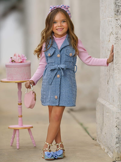 Mia Belle Girls Pink Sweater & Belted Tweed Shacket Dress Set