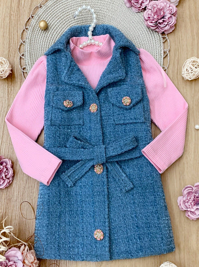 Mia Belle Girls Pink Sweater & Belted Tweed Shacket Dress Set