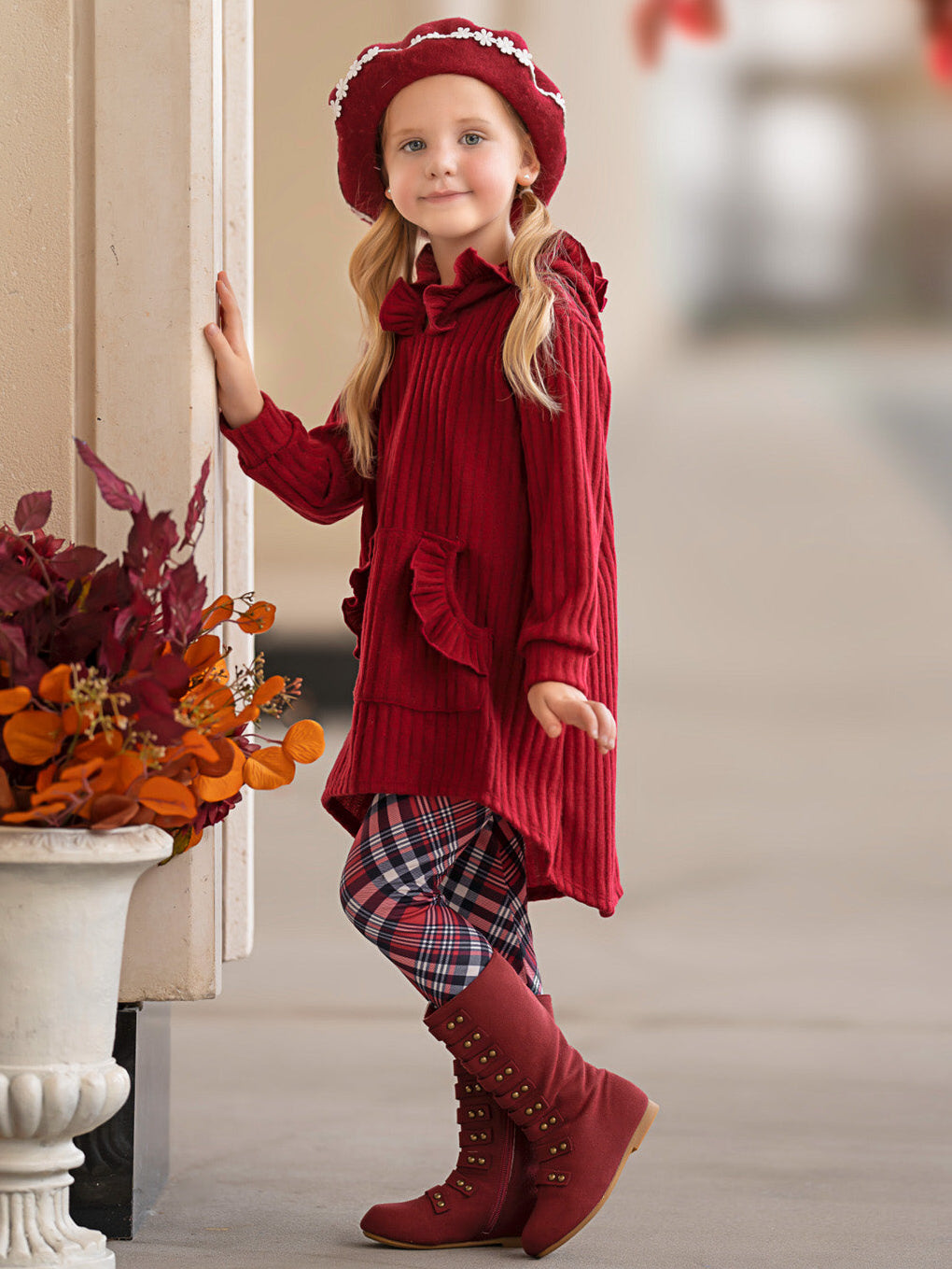 Festive Plaid Girls Hooded Tunic and Legging Set