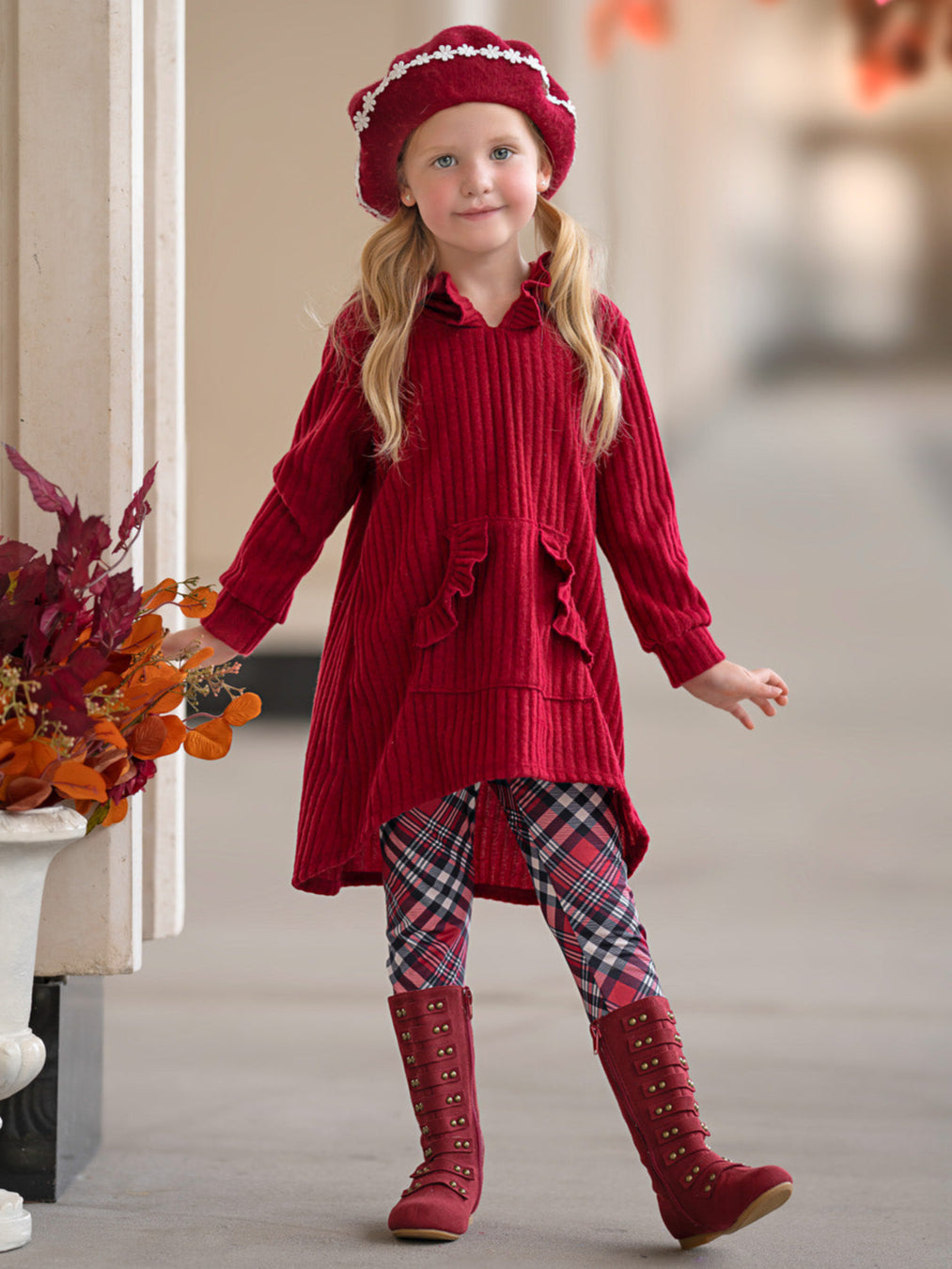 Festive Plaid Girls Hooded Tunic and Legging Set