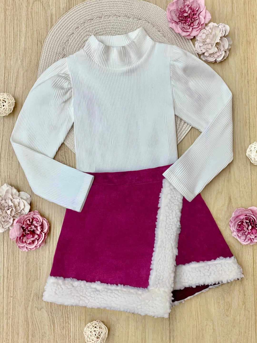 Cozy Long Sleeve Top and Faux Suede Berry Skort Set