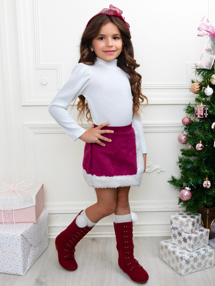 Cozy Long Sleeve Top and Faux Suede Berry Skort Set